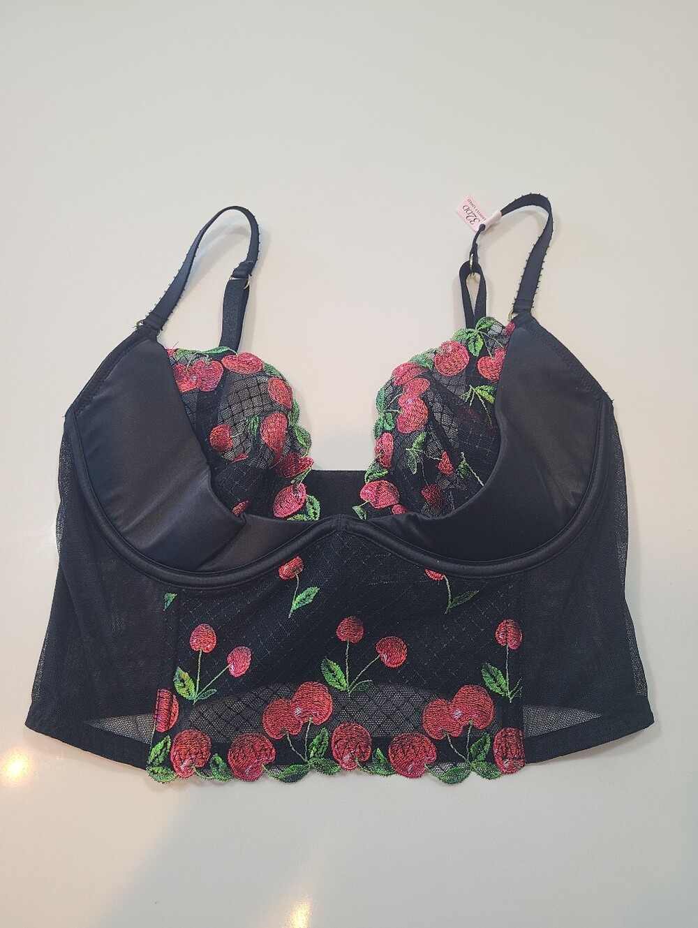NWT Victoria's Secret Very Sexy Black Longline Bra Red Cherry Embroidery 32DD